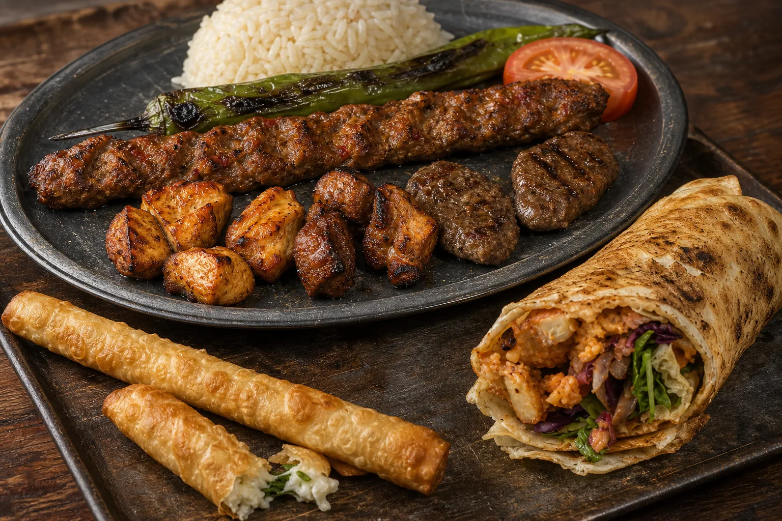 A mixed grill plate holding a long ridged adana kebab, lamb şiş cubes and two köfte in three separate groups, with the rice, grilled long pepper and half tomato pushed to the back edge behind them, beside a döner dürüm cut across and lying with its cut face to the camera, and two sigara böreği with one snapped open to show the white cheese inside, all on a scratched dark metal tray shot from a low three-quarter angle under raking side light