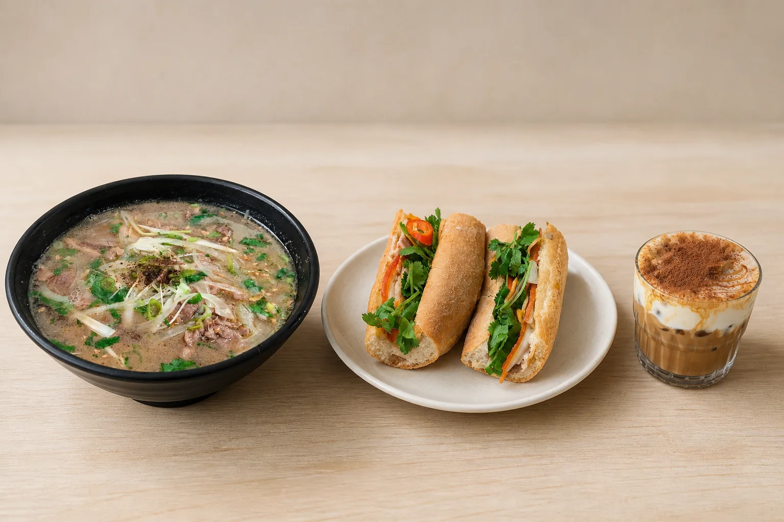 A bowl of beef pho beside a banh mi cut in two and a glass of layered iced coffee on a plain light wood surface in even daylight against an empty pale background