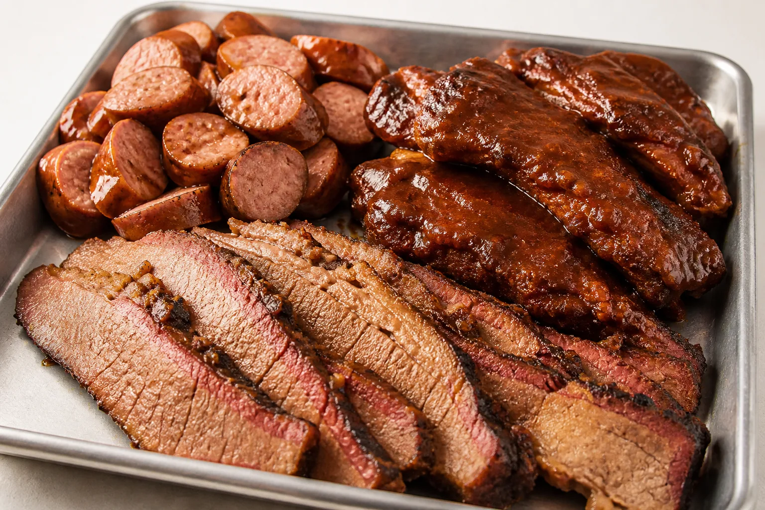 A barbecue platter with sliced brisket, pork ribs and sausage grouped in three separate blocks on a plain metal tray, in even daylight against an empty pale background