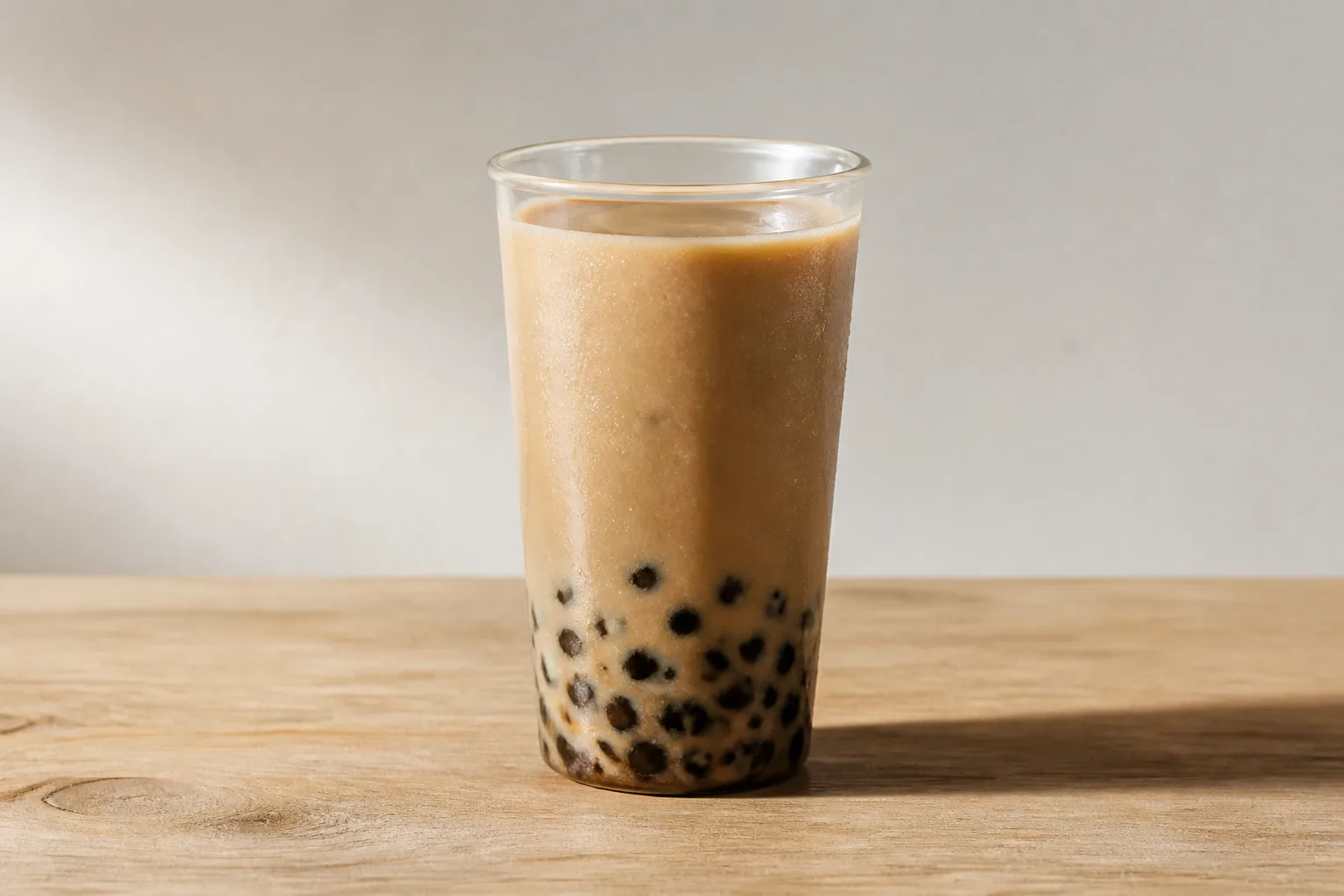 A tall clear cup of milk tea with dark tapioca pearls settled at the bottom, on a plain light wood surface in even daylight against an empty pale background