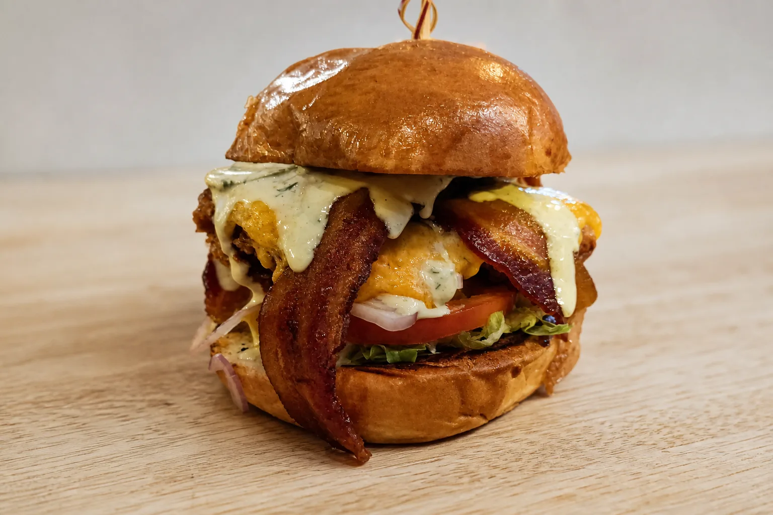 A tall stacked burger with bacon, melted cheese and herb mayo on a plain light wood surface, shot from a low side angle in even daylight, with a soft shadow and an empty pale background