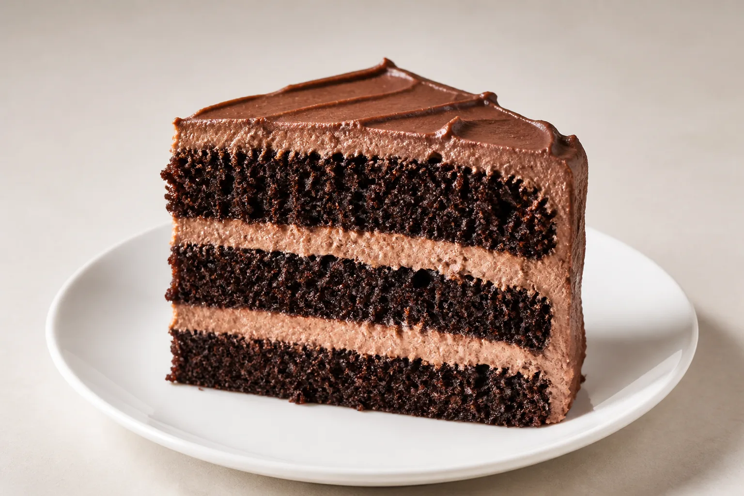 A slice of three-layer chocolate cake with visible cream layers, cut face toward the camera, on a plain white plate against an empty pale background