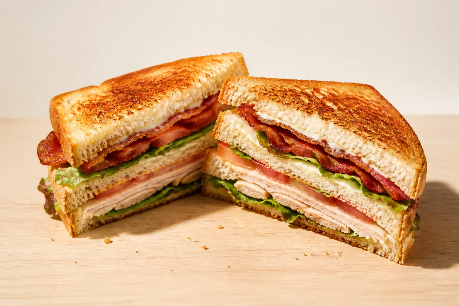 A club sandwich cut into two triangular halves leaning against each other on a plain light wood surface, cut faces toward the camera, shot in even daylight against an empty pale background