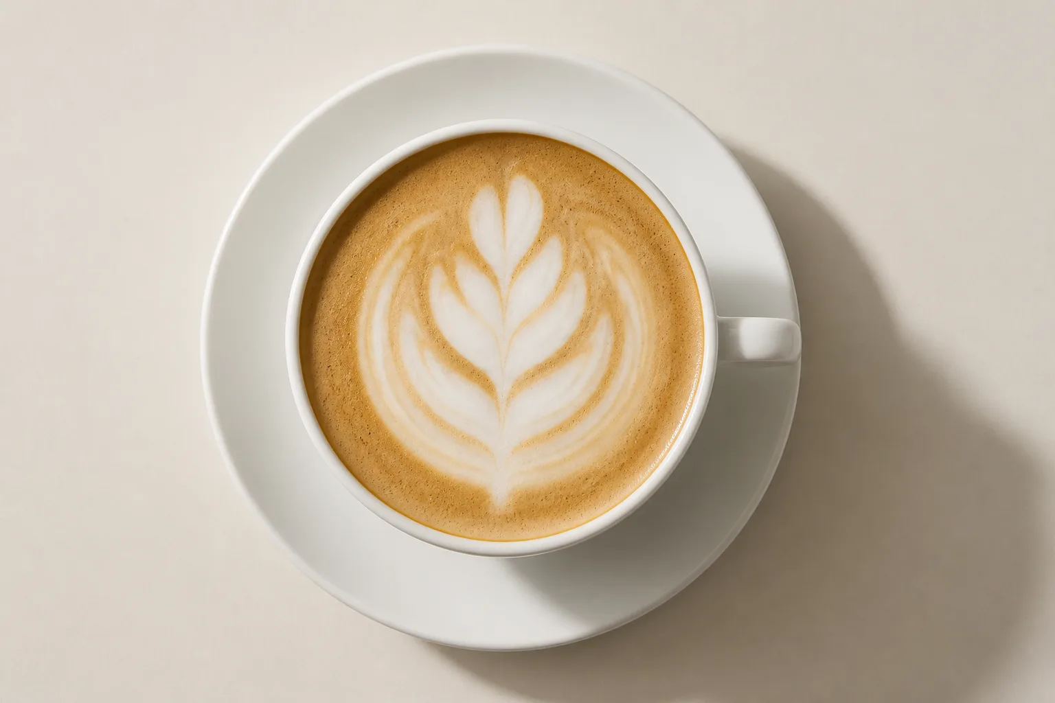 A latte in a plain white ceramic cup with leaf latte art on the surface, shot from directly overhead on a plain saucer against an empty pale background