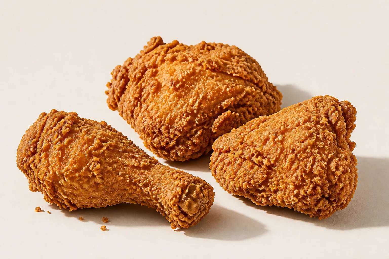 Three pieces of crispy fried chicken with visible craggy crust texture, shot from a low three-quarter angle with side light raking across the crust, against an empty pale background