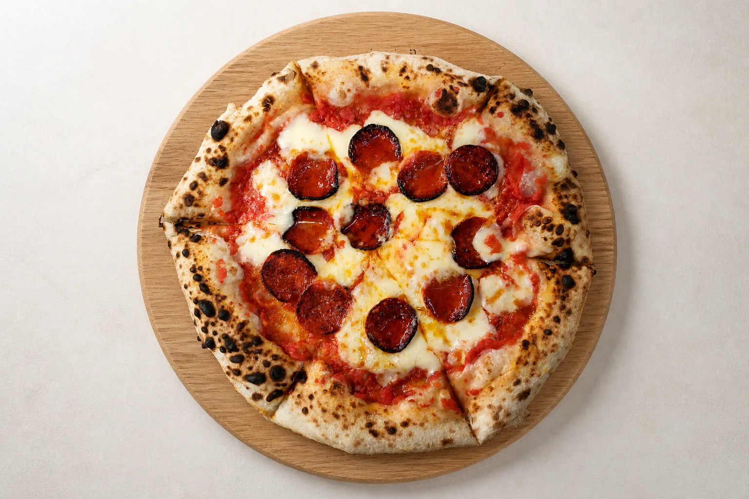A whole pepperoni pizza, cut into wedges but still round, on a plain wooden board, shot from directly overhead in even daylight against an empty pale background