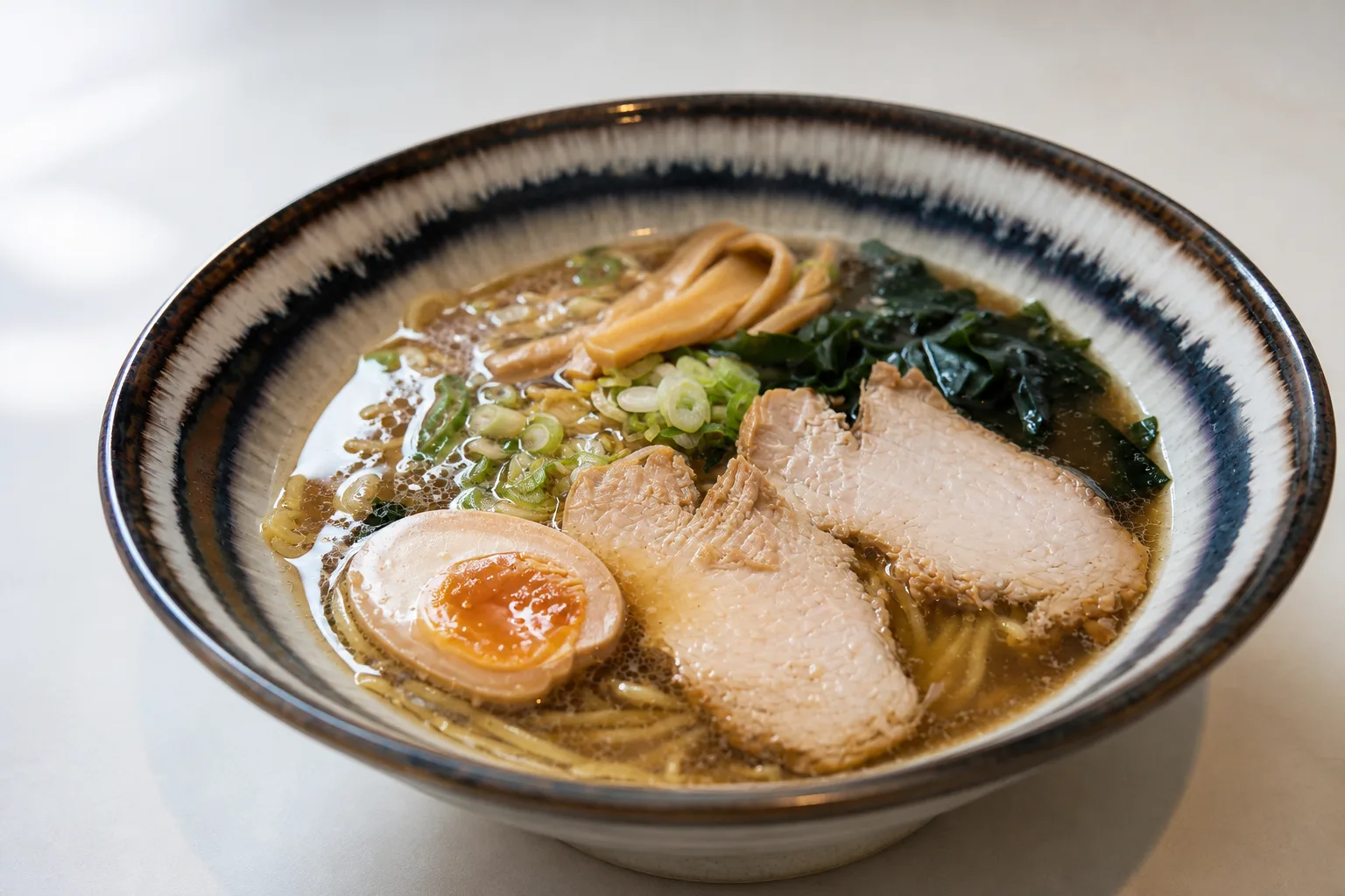 A bowl of shoyu ramen shot from a low three-quarter angle, the chashu partly submerged in a clear brown broth whose level and reflection read against the bowl wall, with a halved marinated egg, menma, nori and noodle strands breaking the surface