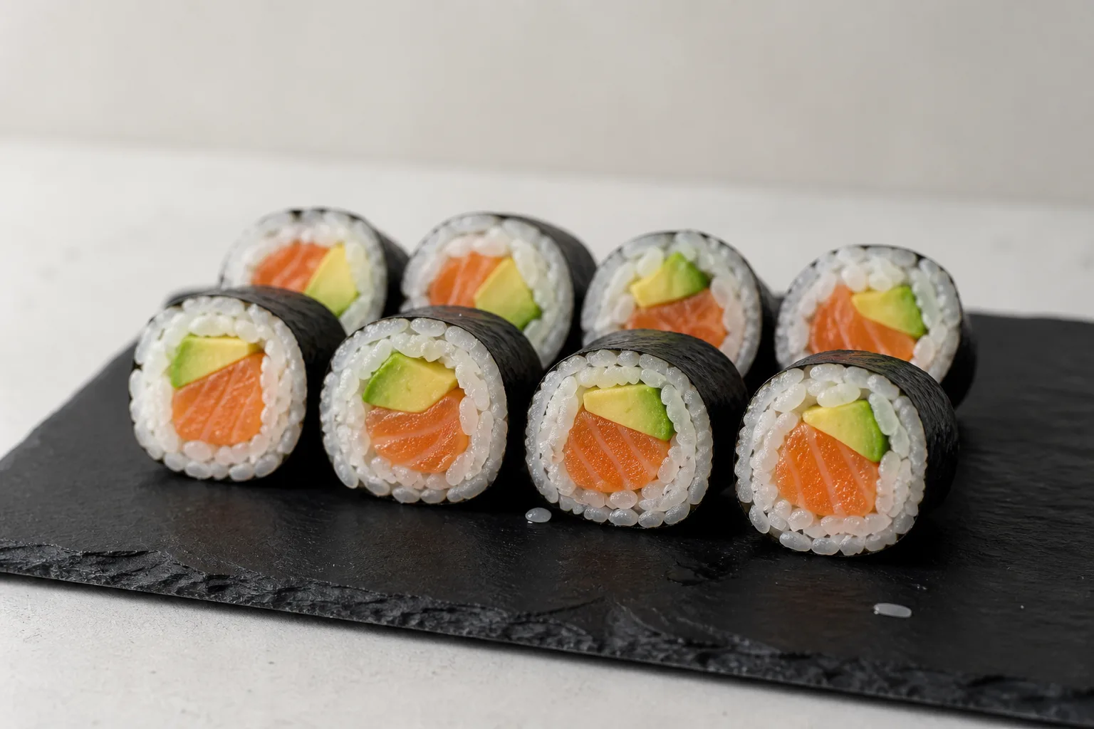 Eight pieces of a salmon avocado sushi roll arranged in two rows of four on a plain slate board, in even daylight against an empty pale background