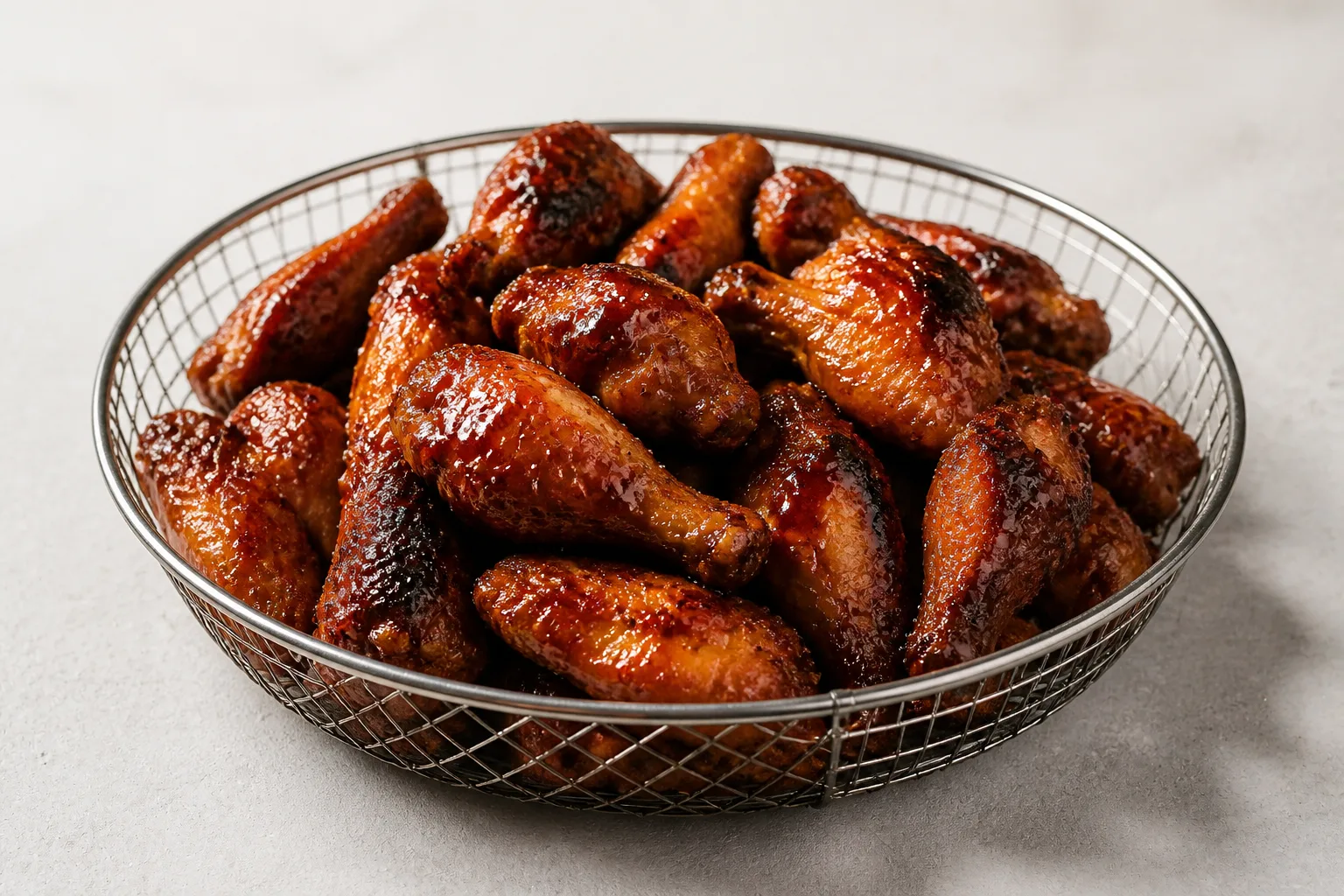 A pile of glossy sauced chicken wings in a plain metal basket, shot from a three-quarter angle in even daylight against an empty pale background